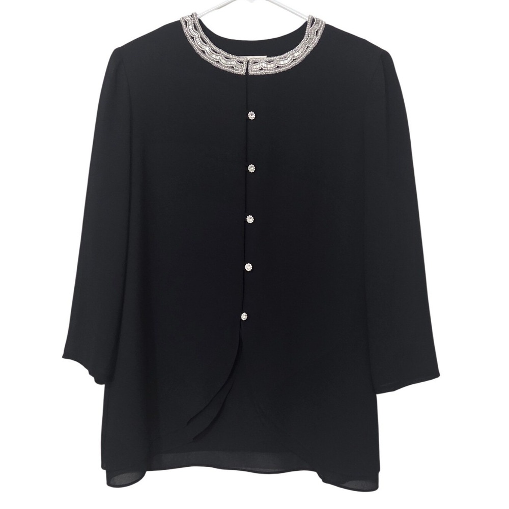 Vintage Julian Wilder Black Beaded Evening Blouse Rhinestone Beaded Button Top L
